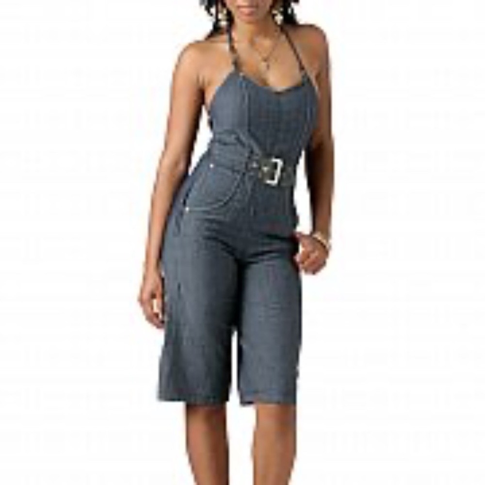 NEW Rocawear chambray denim halter belted jumpsuit M